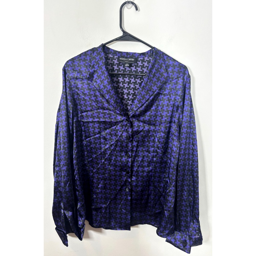 Kasper & Company ASL Silky Button Up Blouse Purple & Black Silky Women's Size 16